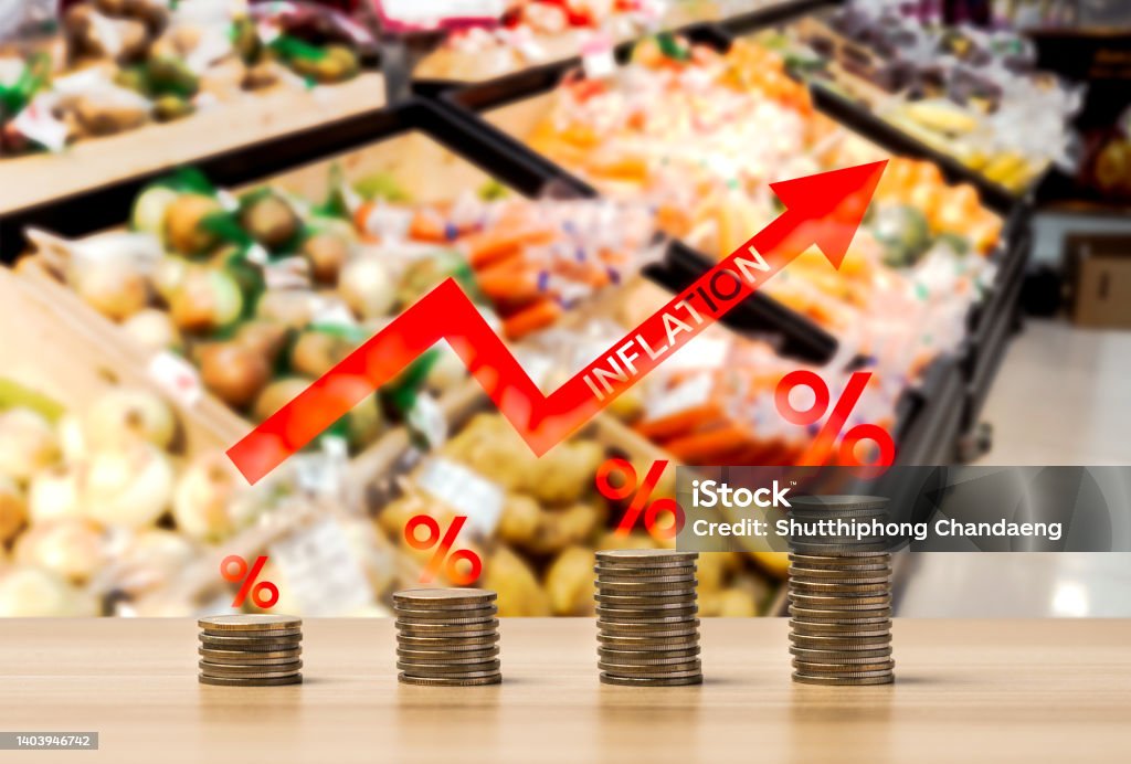 Food products, fruits and vegetables of supermarket , the concept of higher price inflation and more expensive food. The Financial Crisis About Inflation.