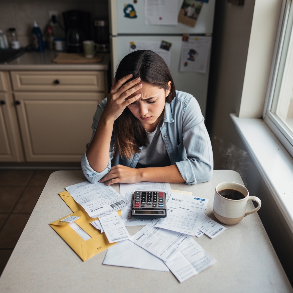 A woman sitting at a kitchen table with bills, receipts and a calculator, weighing a money decision